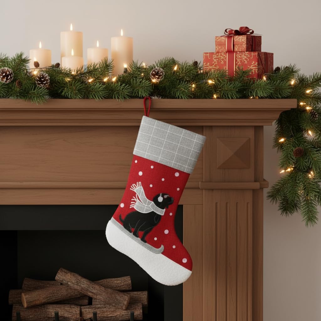 Comfy Hour Winter Holiday Home Collection 18"x11" Snowing Scarf Dog On Sleigh Stocking Christmas Decoration, Polyester