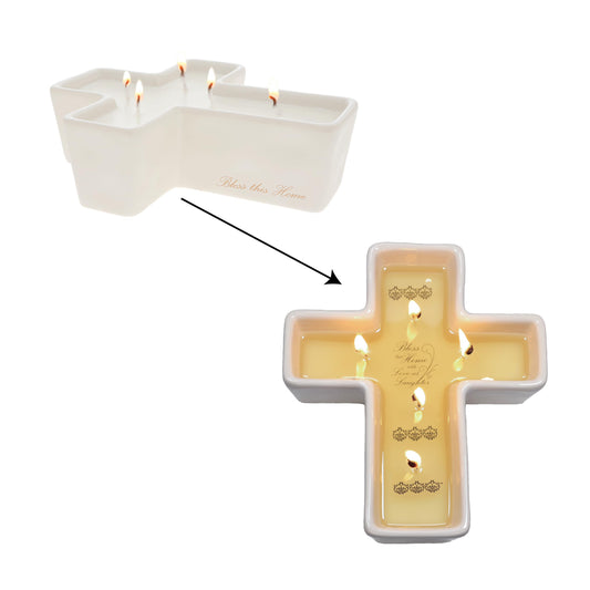 Pavilion - Bless This Home with Love and Laughter - 12 oz 100% Soy Wax Candle 5 Wick Candle - Cross Suprise Message Wax Reveal - Jasmine Tranquility Religious Home Decor Present