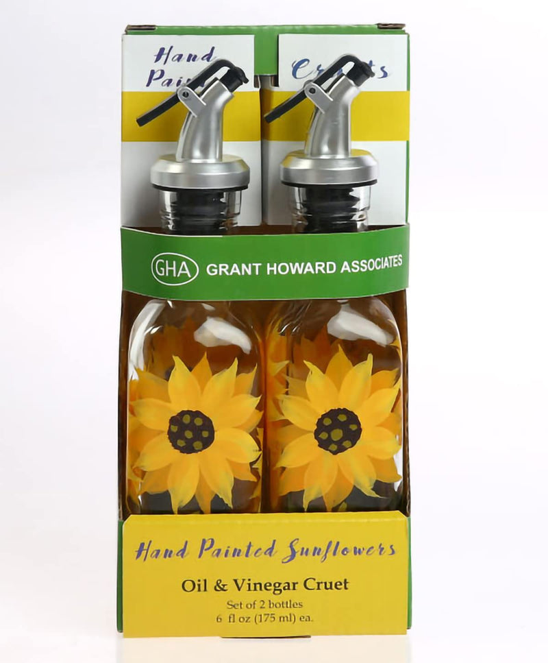 Grant Howard Hand Painted Mini Oil and Vinegar Glass Cruet with Pourer, 2 Set, Yellow Sunflower, 6 oz