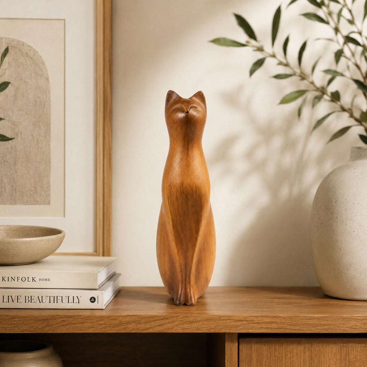 Comfy Hour Farmhouse Home Decor Collection 8" Decorative Kitty Statue Sitting Cat Figurine, Wood Grain Smooth Finish, Polyresin
