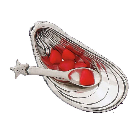 Basic Spirit Salt Bowl with Spoon - Mussel Shell - Pewter Cellar Container Box for Salt, Spices, Snacks, Rice, Side Dishes, or Ice Cream
