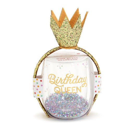 Two's Company Birthday Queen Stemless Wine Glass And Glitter Crown Headband