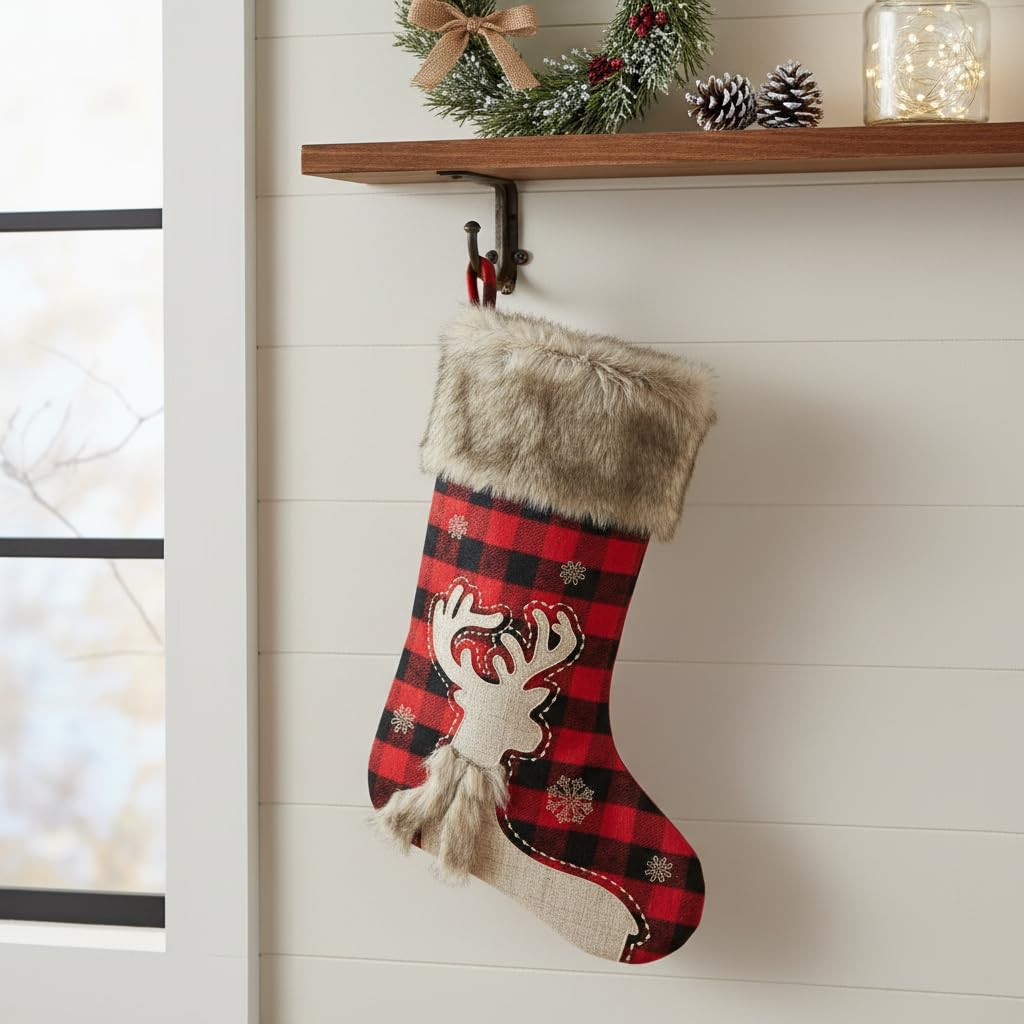 Comfy Hour 20 Inch Deer Christmas Stocking, Buffalo Plaid, 1 Piece