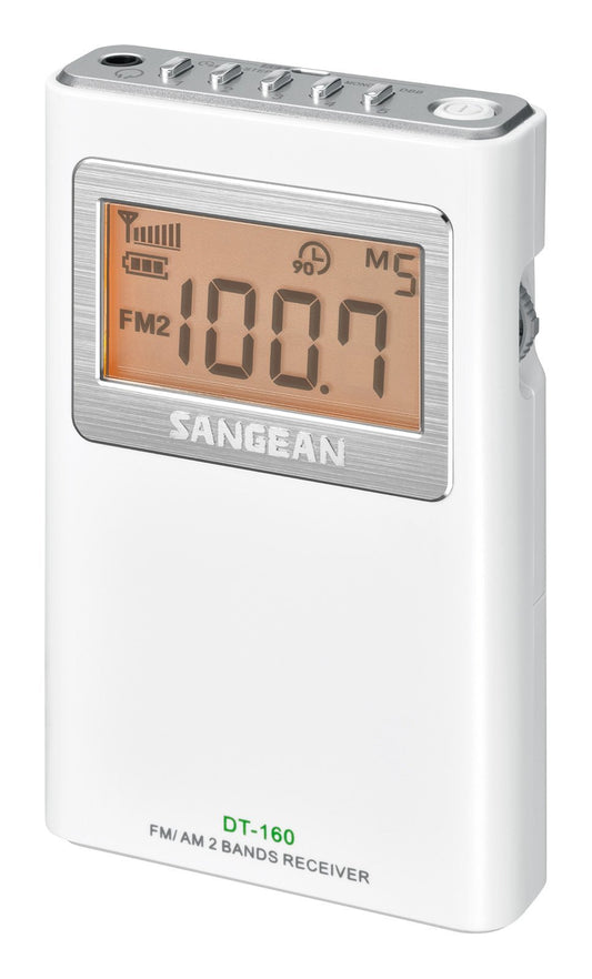 Sangean DT-160 AM/FM Stereo Pocket Radio with 100 Operating Hours on 2 AA Batteries, White