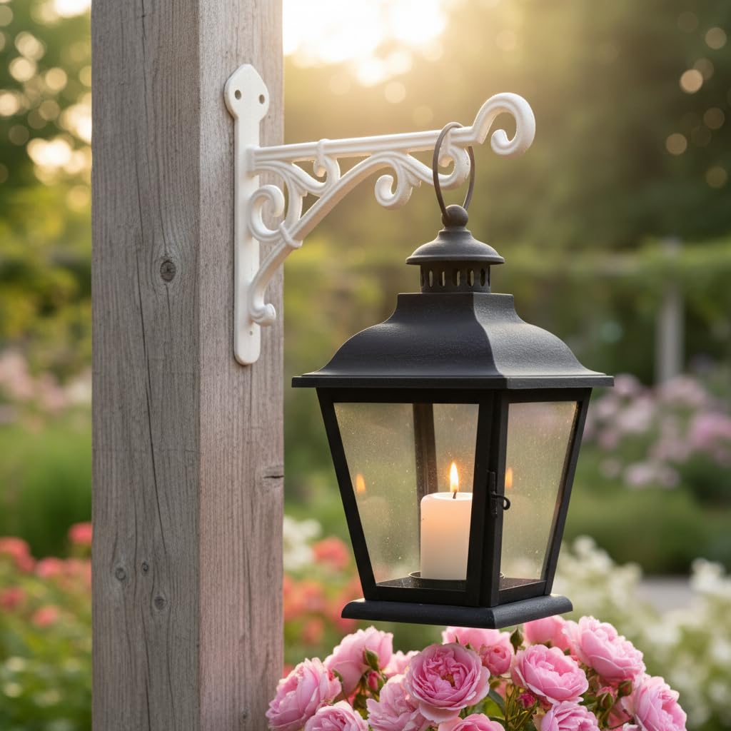 Comfy Hour Antique & Vintage Interior Decor Collection Cast Iron Wall Mount Bracket Hangers for Planter, Bird Feeder, Birdhouse, Lanterns, Windchimes, Hooks, Outdoor Decor- Primitive, White
