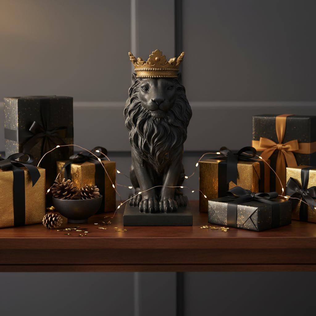 Comfy Hour Farmhouse Home Decor Collection 15" Resin Stone Lion Figurine King of Forest Statue Sculpture Home Decoration, Black & Gold