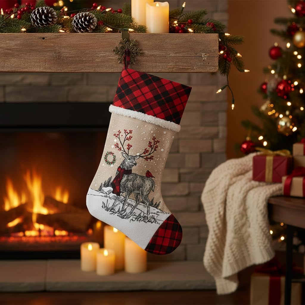 Comfy Hour Joyful Holiday Collection 20" Christmas Wreathed Reindeer Stocking, Polyester