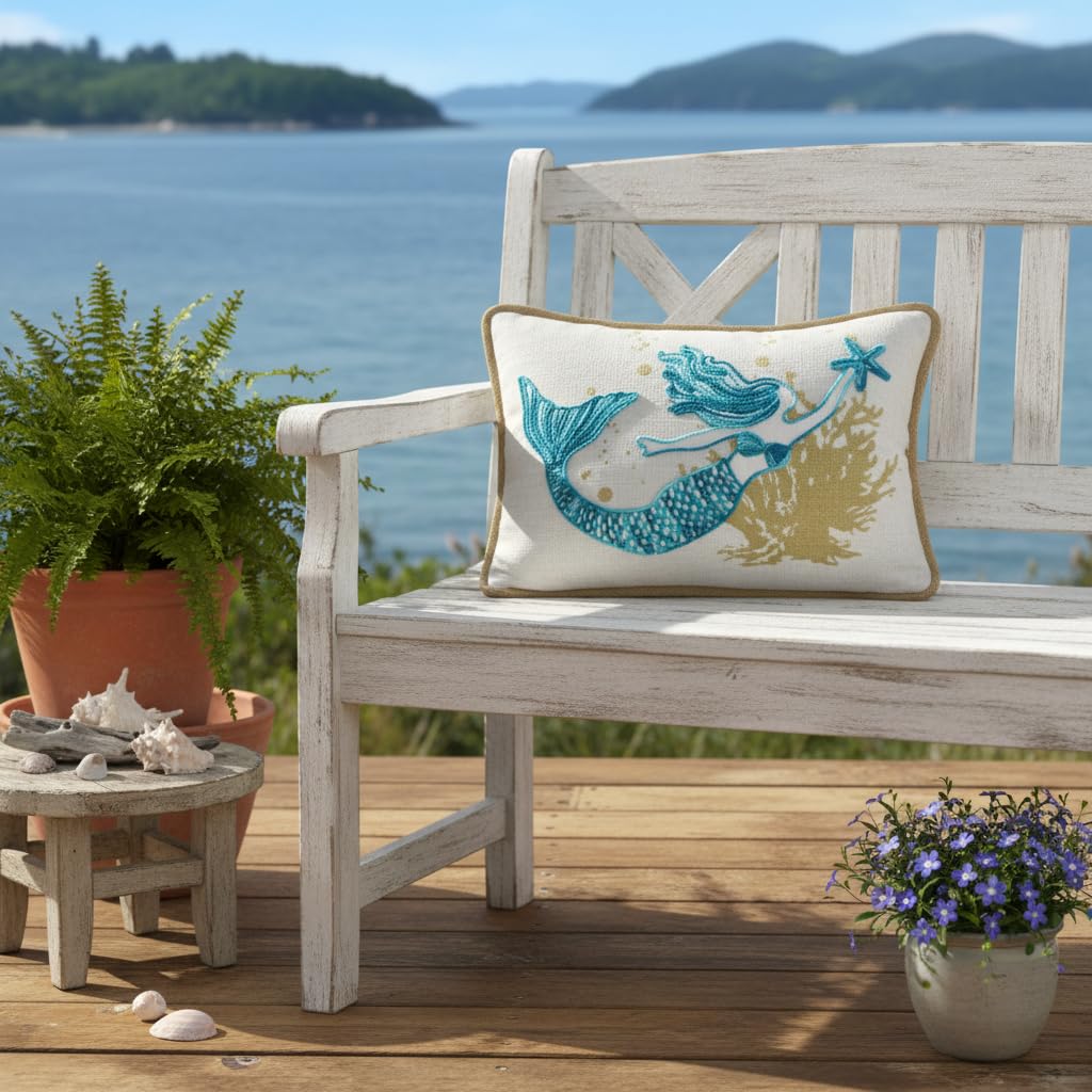 Comfy Hour 18 x 13 Inch Mermaid Pillow, Starfish Coastal Decor