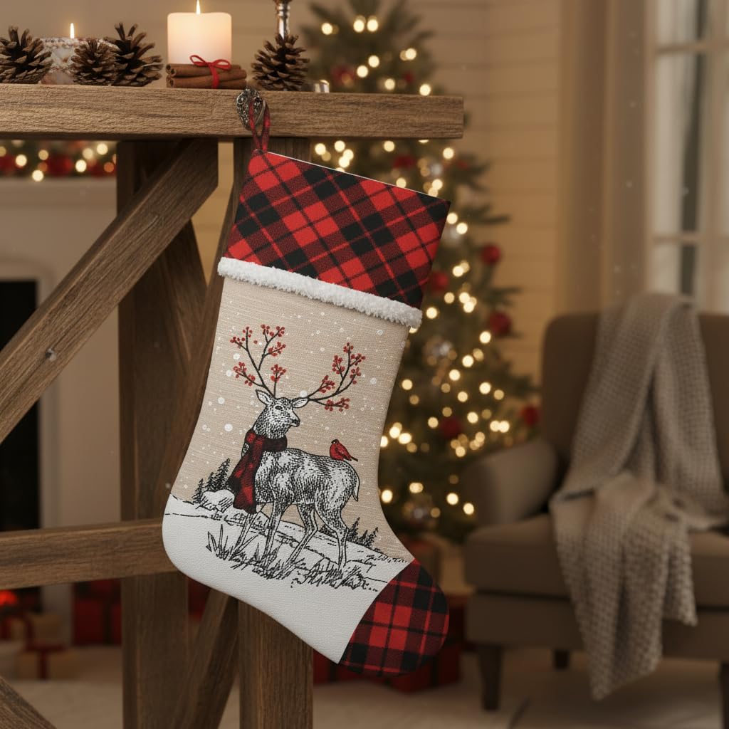Comfy Hour Joyful Holiday Collection 20" Christmas Wreathed Reindeer Stocking, Polyester
