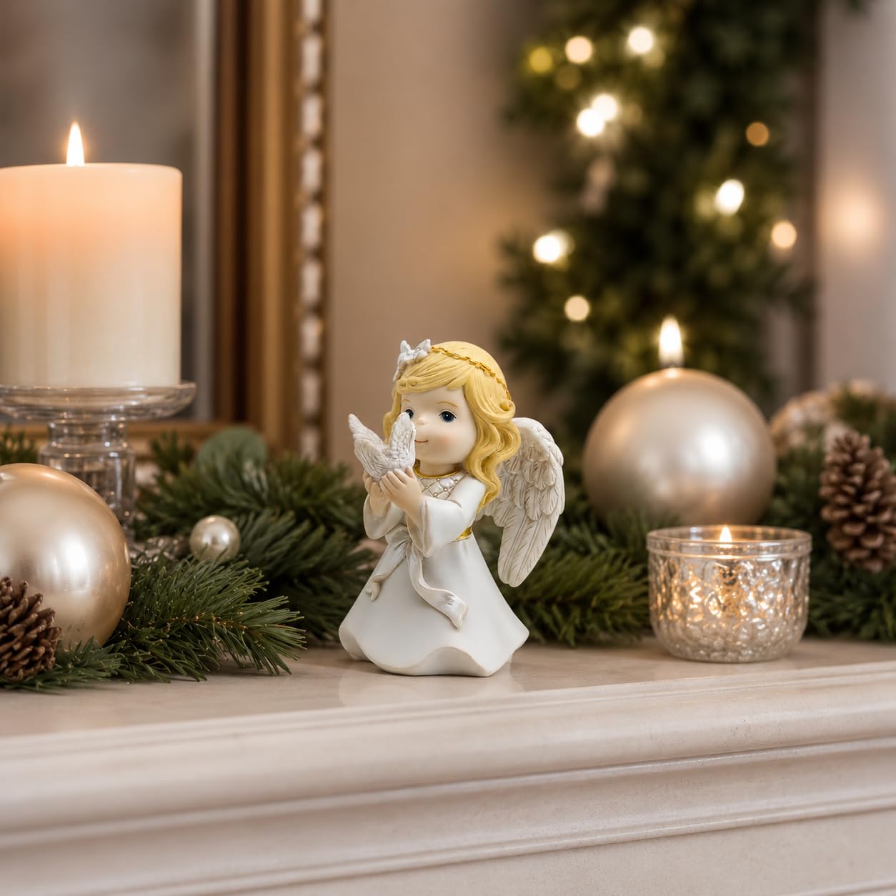 Comfy Hour Praying Girl Communion Collection Kneeling Girl Angel and Peace Dove Figurine Keepsake My First Communion, Polyresin