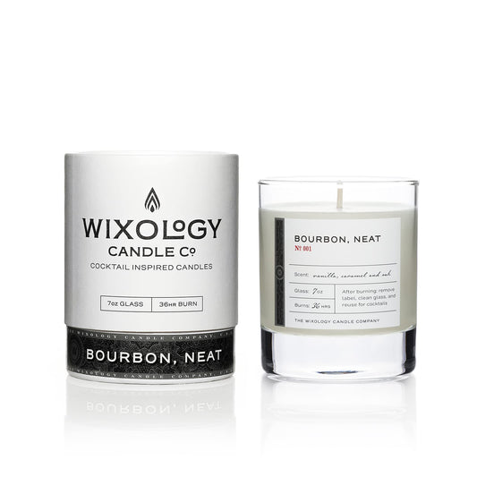 Wixology Candle Cocktail Inspired Bourbon Neat Soy Candle - Vanilla Caramel and Oak Scented Candle in Reusable Rocks Glass - Made in Kentucky - 7 oz