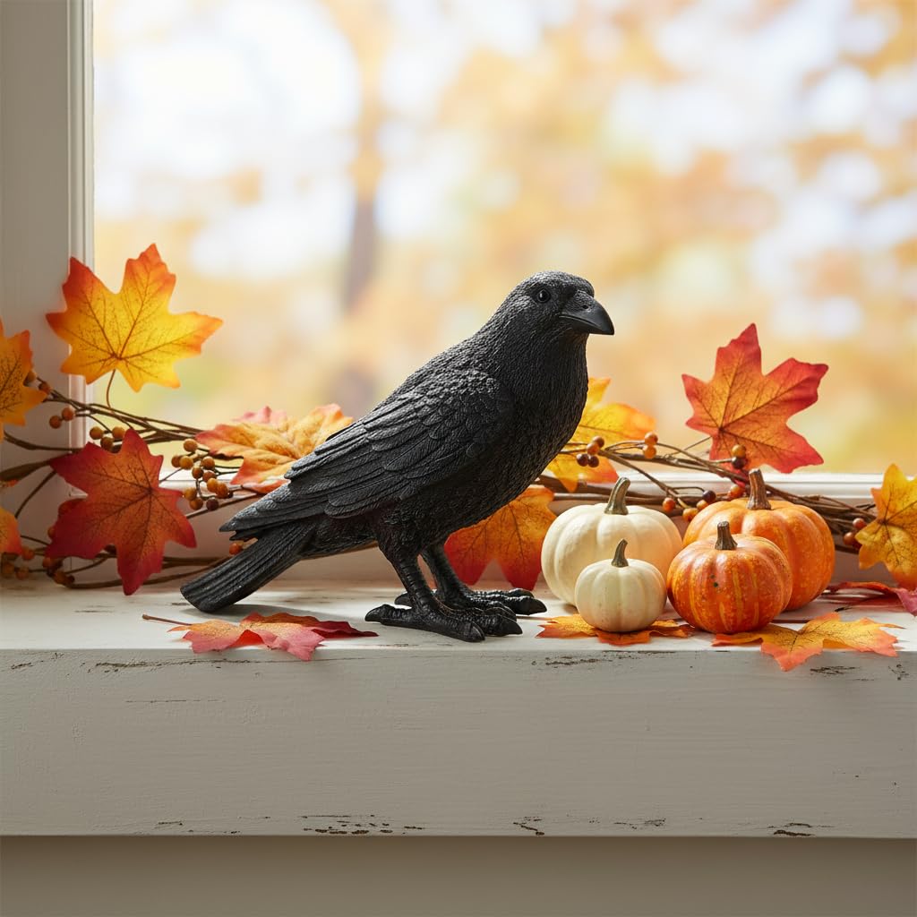 Comfy Hour Fairyland Collection 7" Black Feather Standing Crow Bird Halloween Decorative Figurine, Black, Polyresin