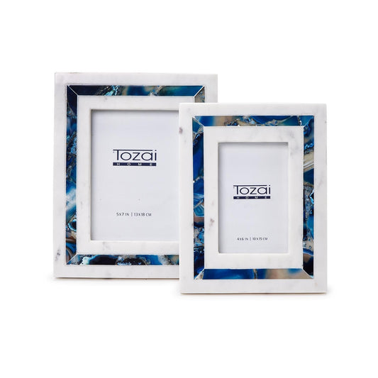 Two's Company Blue Agate Inlay Set of 2 White Marble Photo Frame in Gift Box - Genuine Blue Agate/MDF/Marble/Glass