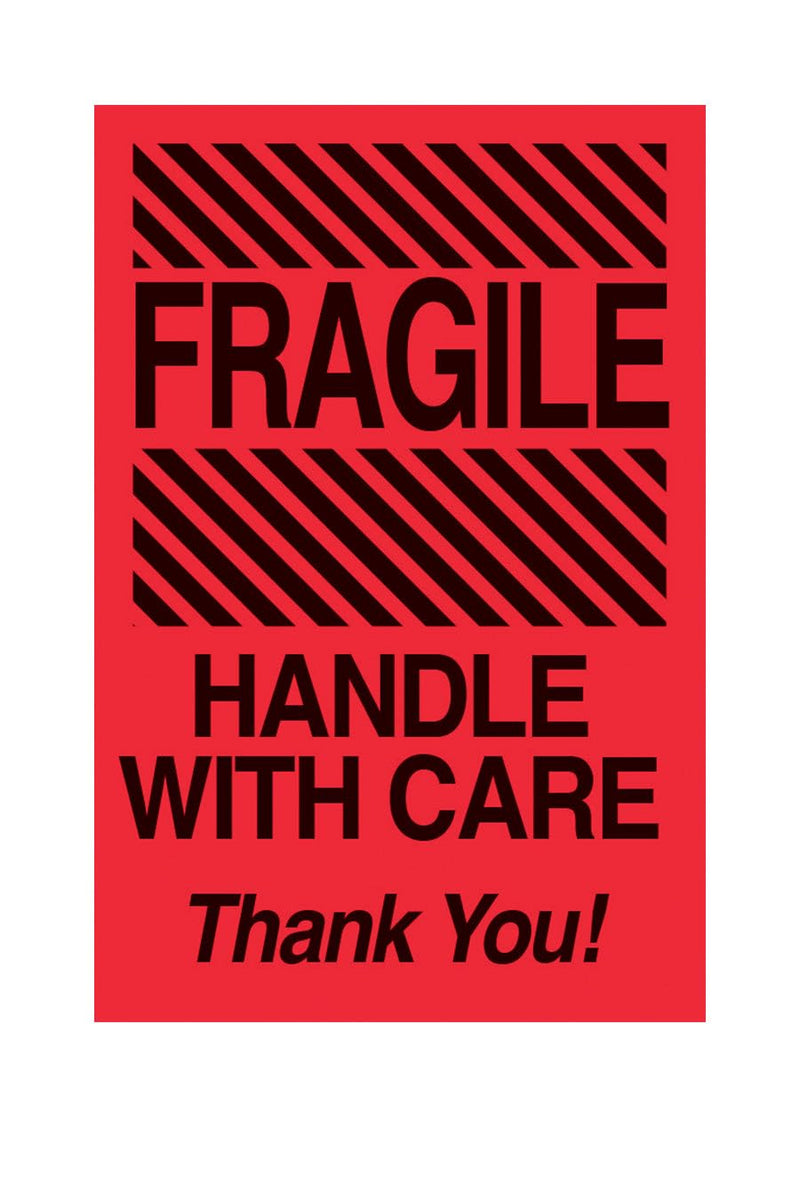 MACO - Fragile Handle With Care - Thank You! - Label, 4 x 6 Inches, Fluorescent Red, 500 Labels/Roll, 1 Roll Each (MDWFC10)