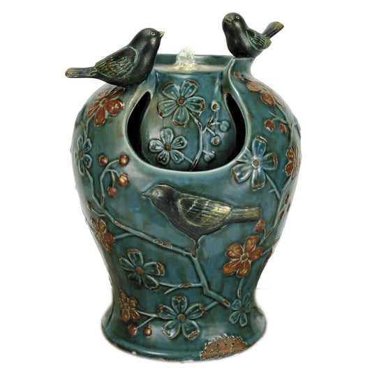 Foreside Home & Garden Blue Verdigris Bird Indoor Water Fountain with LED Light and Pump