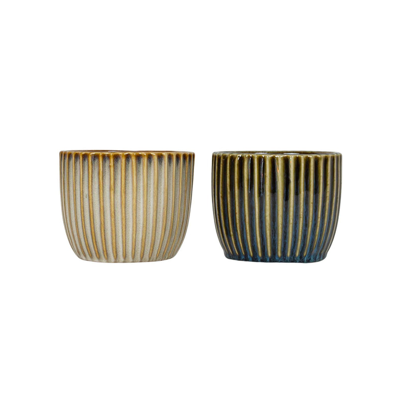 Foreside Home & Garden Set of 2 Ribbed Planters Navy & Cream Porcelain