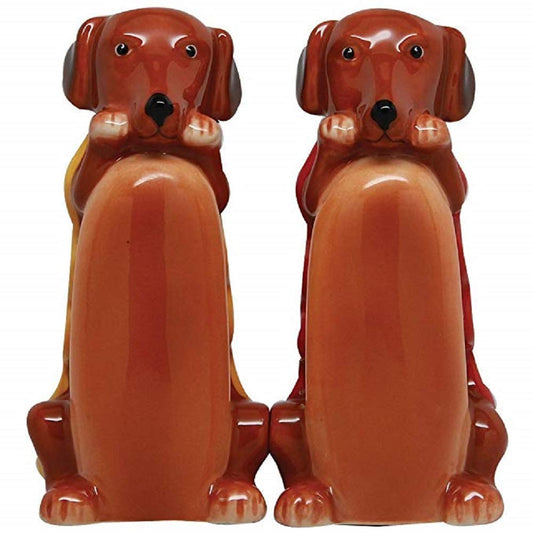 Pacific Trading Religious Gifts Weiner InchHot Inch Dog in Bun 3 Inch Ceramic Magnetic Salt and Pepper Shaker Set Fun Novelty Gift