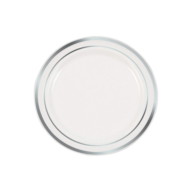 Fun Express Premium White Plastic Dessert Plates with Silver Trim - Party Supplies - 25 Pieces