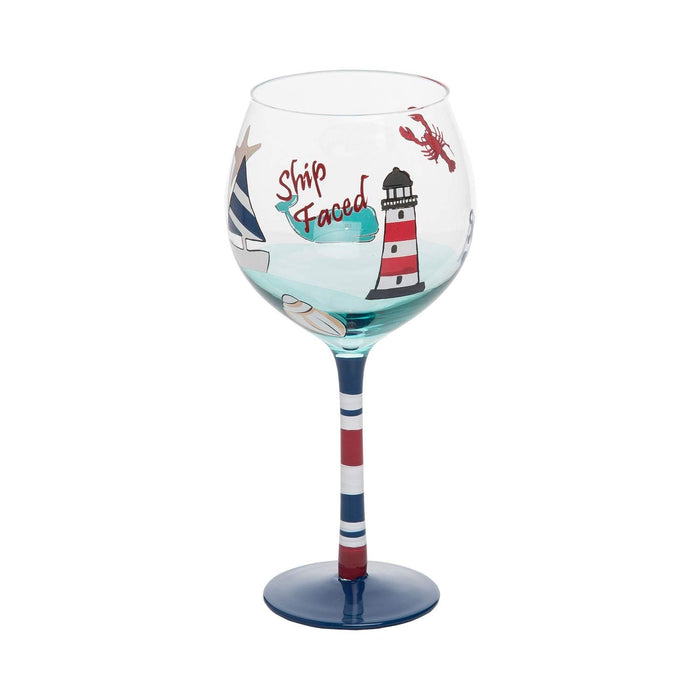 Beachcombers B22351 Lighthouse Harbor Painted Wine Glass, 8.7-inch High
