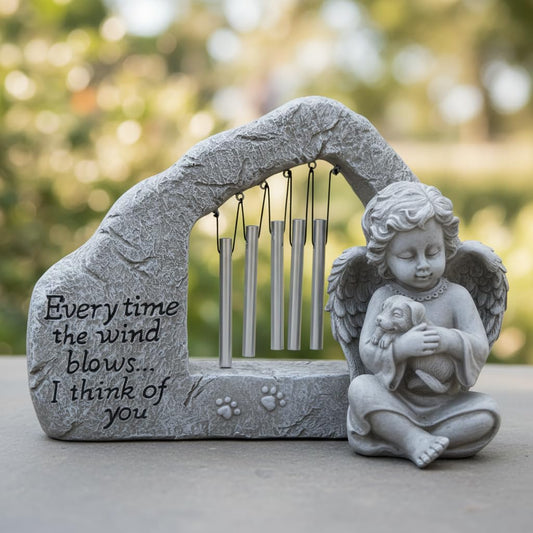 Comfy Hour Pet In Loving Memory Collection Resin Memorial Stone Windchime Dog and Angel Pet Statue, Faithful Memory of Dog's Bereavement