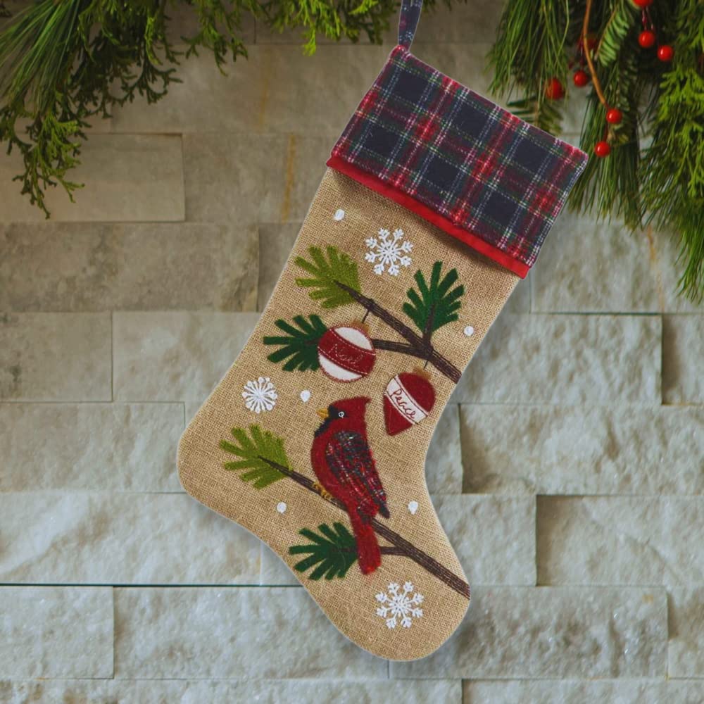 Comfy Hour Winter Holiday Home Collection 18"x11" Christmas Winter Cardinal Pine Tree Branch Ornament Snowflake Stocking, White and Gold, Jute