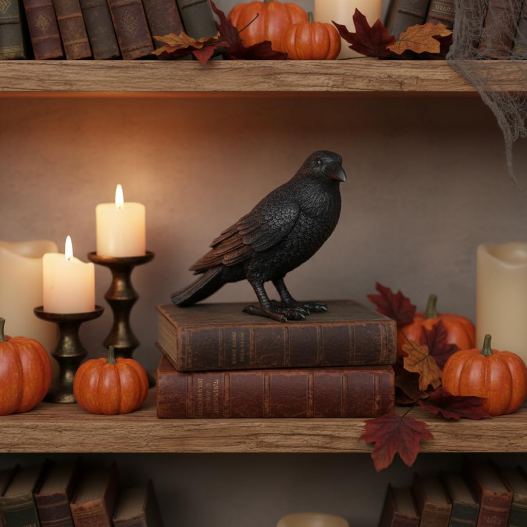 Comfy Hour Fairyland Collection 7" Black Feather Standing Crow Bird Halloween Decorative Figurine, Black, Polyresin