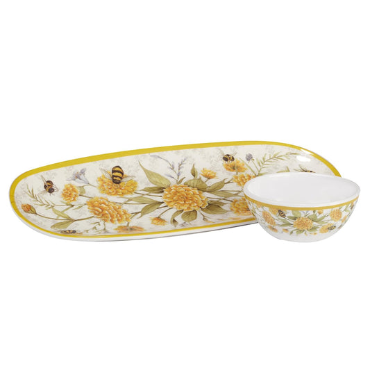 Certified International Sweet as a Bee Oval Tray with Dip Bowl Set, 15-inch Length, For Everyday Use, Kitchen Accessories, Party Celebration