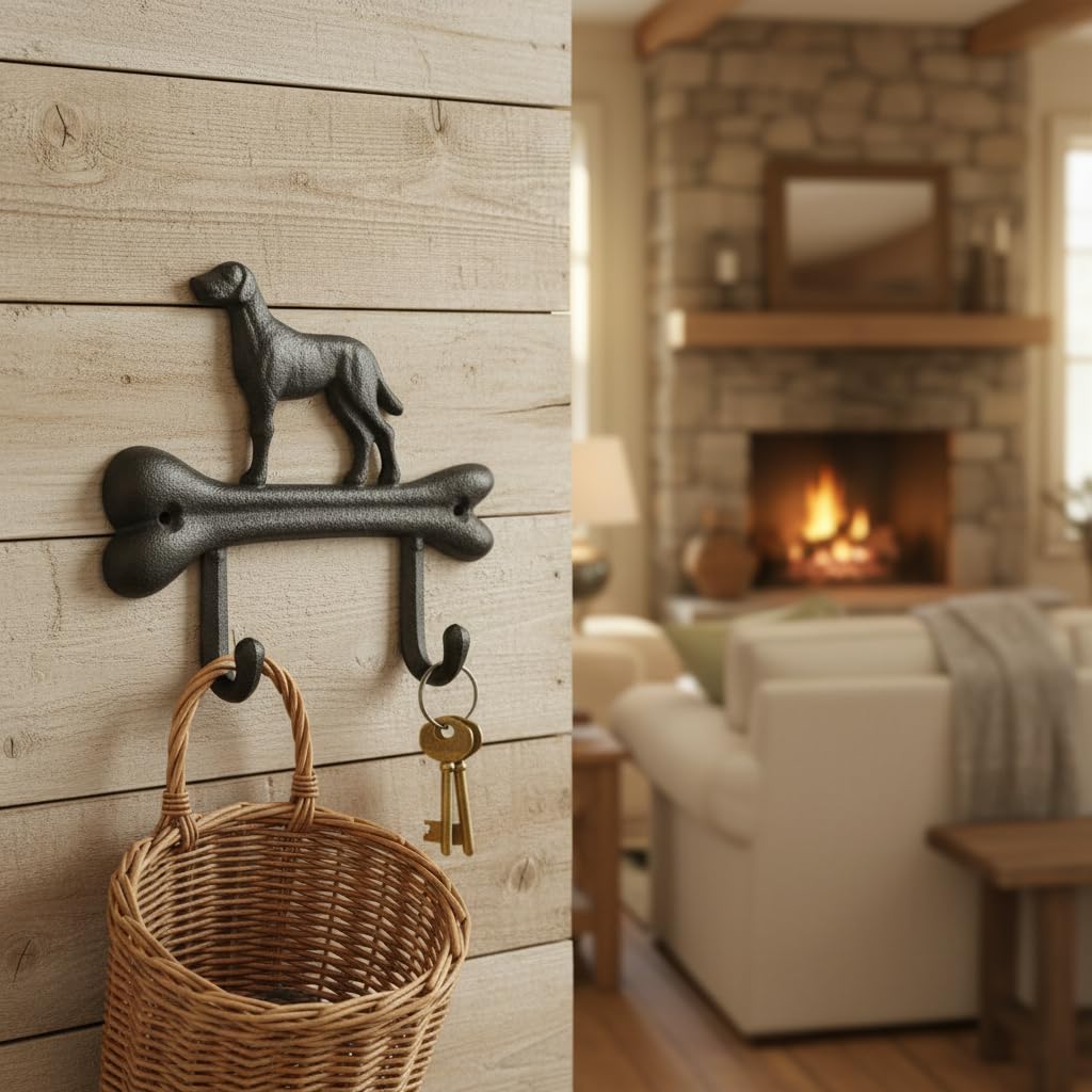 Comfy Hour Cast Iron Dog On Bone Double Key Coat Hooks Clothes Rack Wall Hanger, Heavy Duty Recycled
