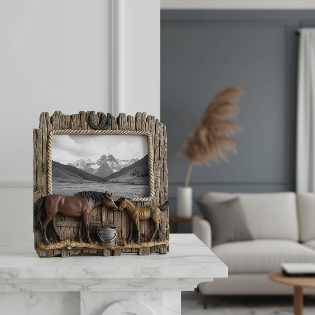 Comfy Hour 7.75 Inch Horse Picture Frame, Rustic Western Decor