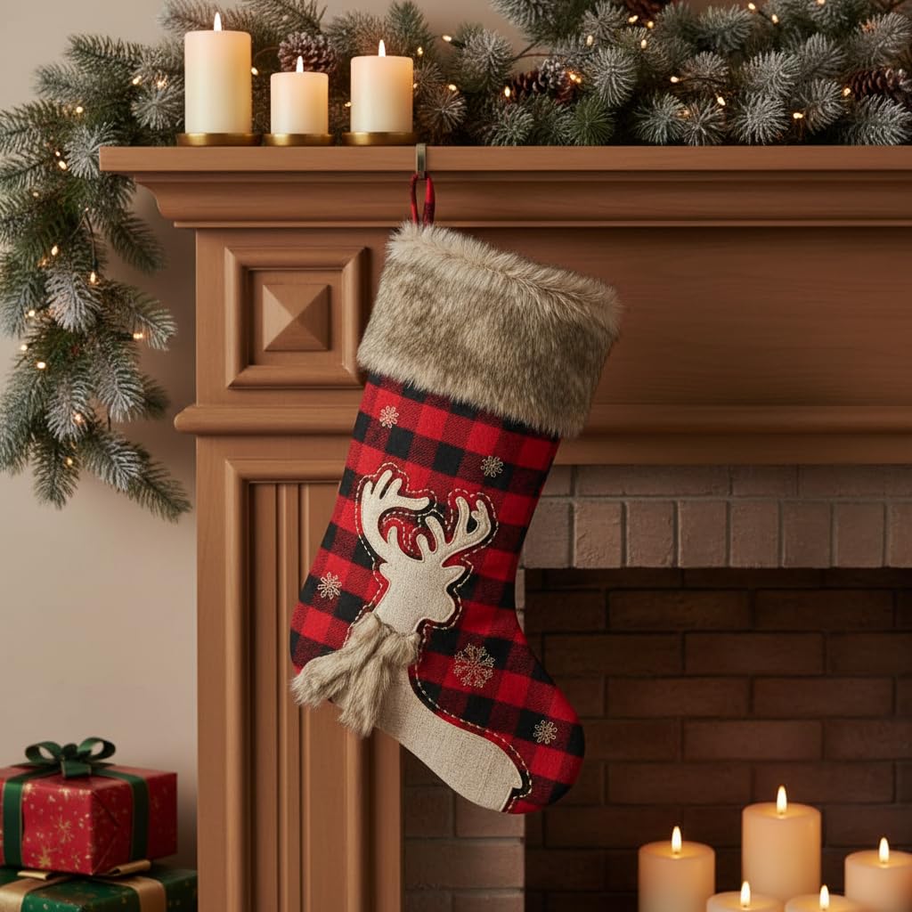 Comfy Hour 20 Inch Deer Christmas Stocking, Buffalo Plaid, 1 Piece