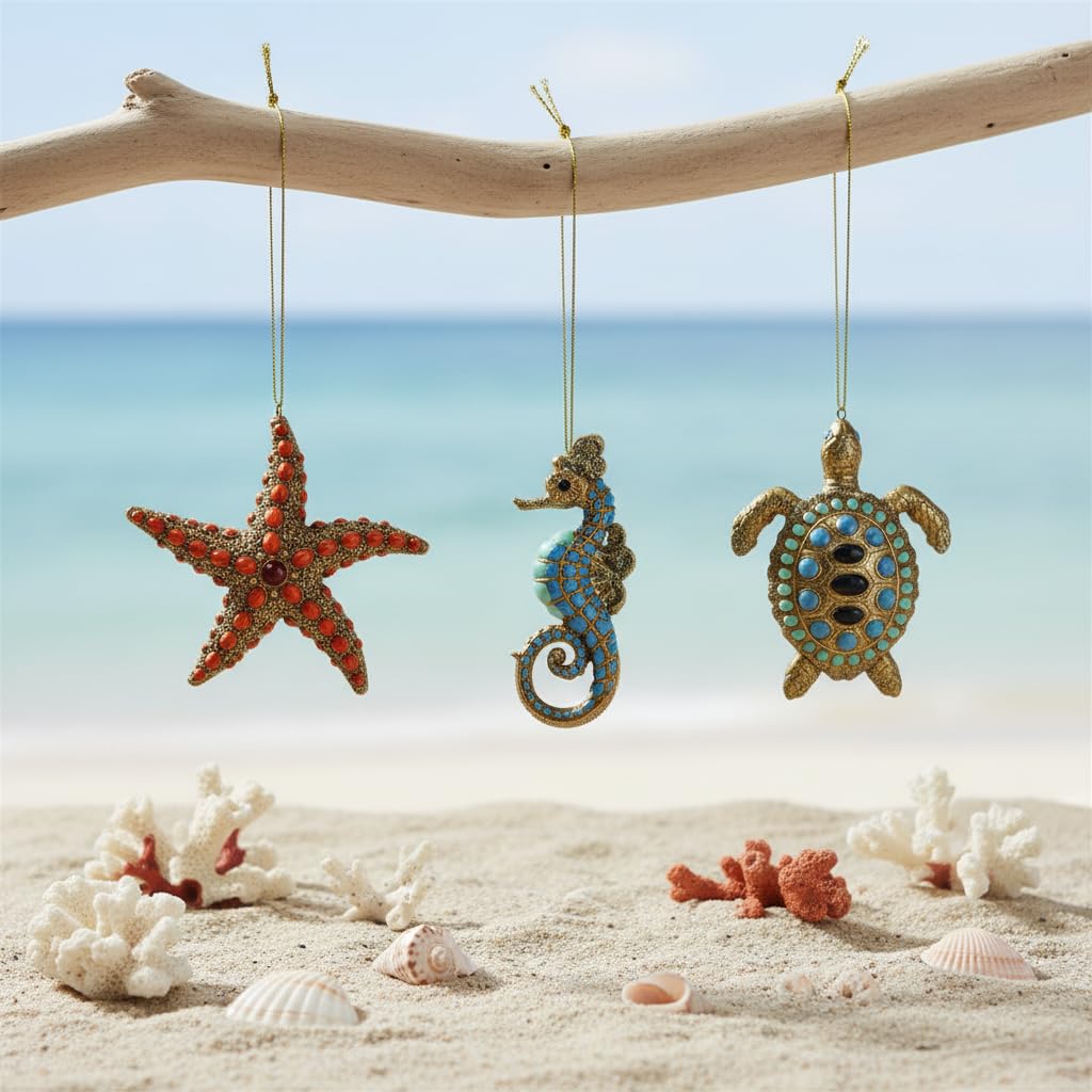 Comfy Hour Under The Sea Collection Set of 3 Resin Ocean Wild Animal Seahorse Starfish Turtle Christmas Tree Ornaments