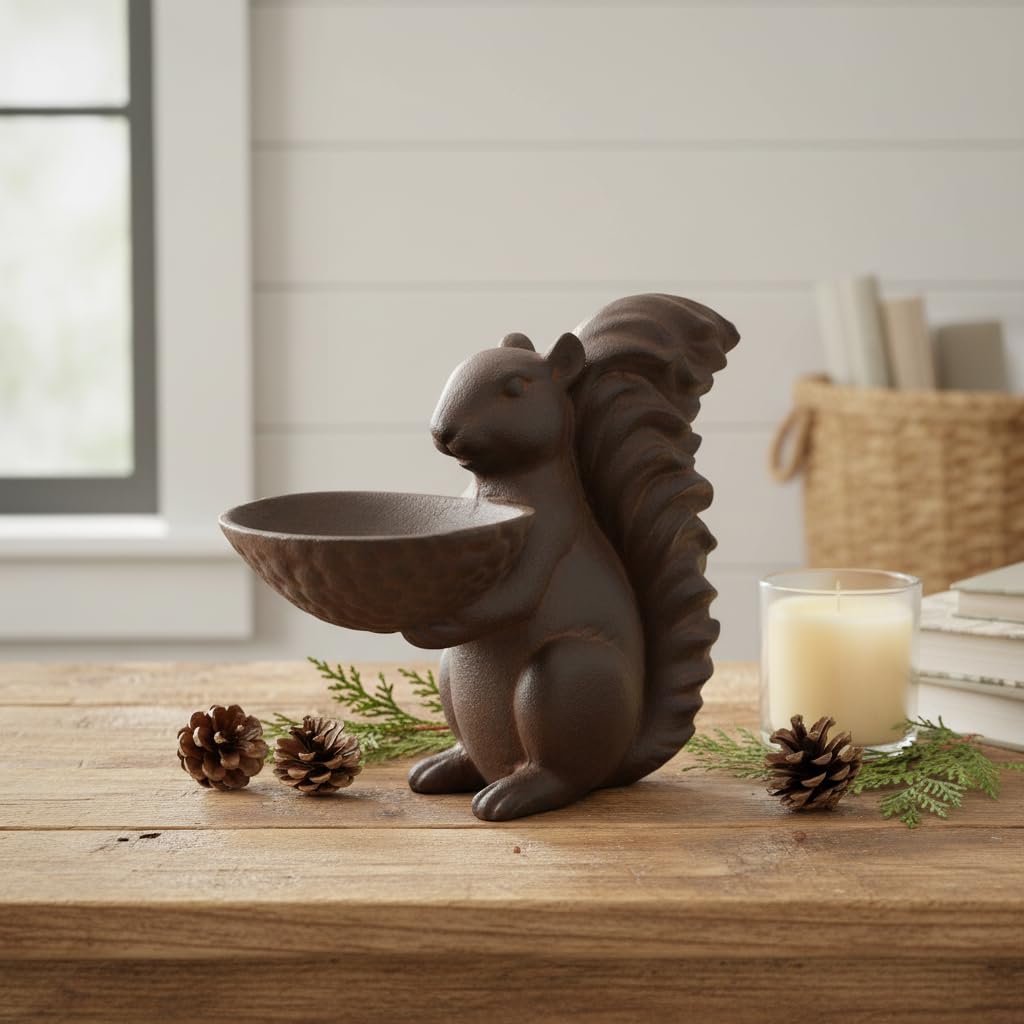 Comfy Hour Farmhouse Home Decor Collection 8" Decorative Squirrel Holding A Plate Figurine, For Indoor Candy Plate Or Outdoor Birdfeeder Use, Polyresin Statue Antique Copper Looking