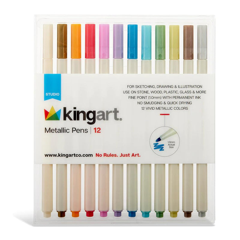 KINGART Studio Vivid Colors with Fine Point Pen Markers, Set of 12, Metallic Unique Colors