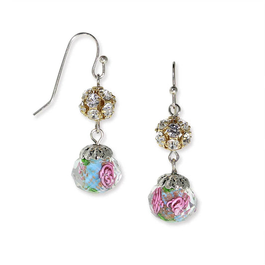 1928 Jewelry Fireball Crystals Pink Flower Bead Drop Wire Earrings