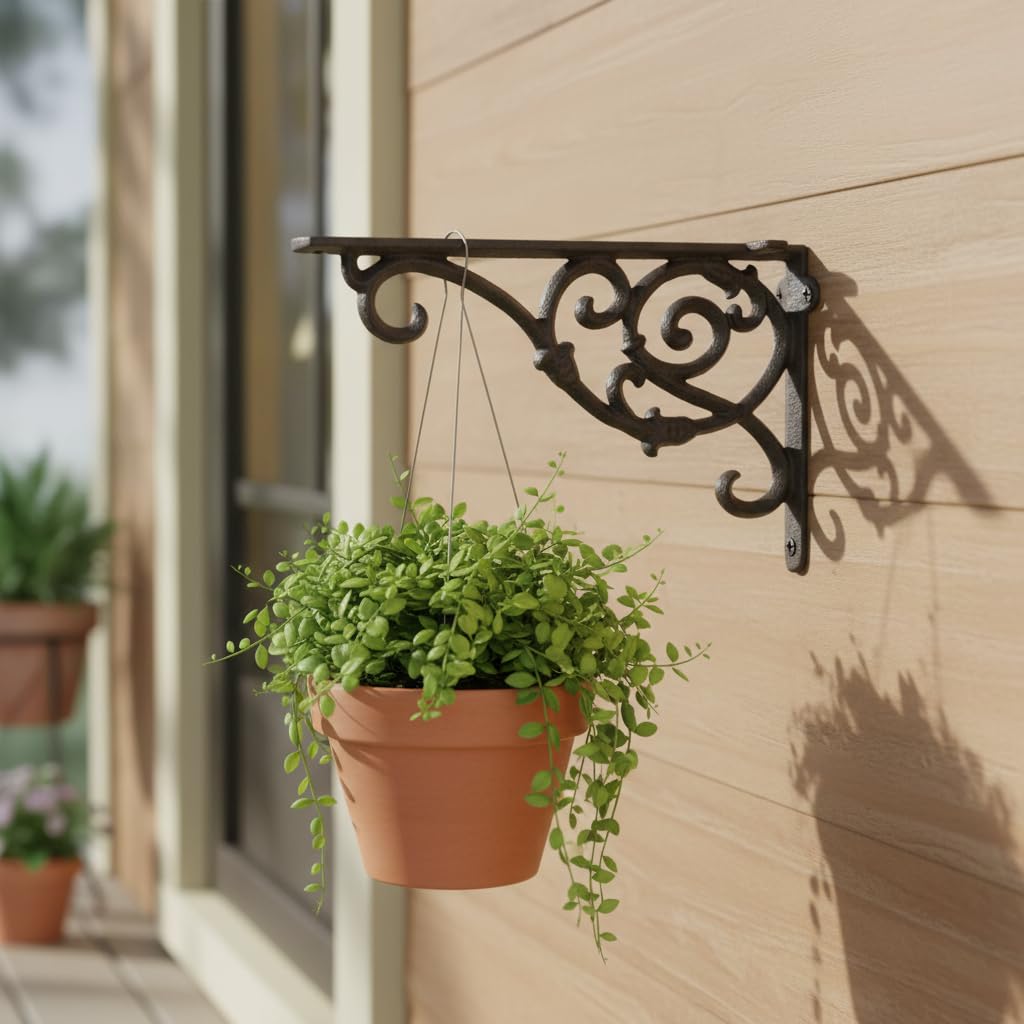 Comfy Hour Antique and Vintage Collection Cast Iron Outdoor Garden Wall Mount Bracket Plant Hanger, Set of 2