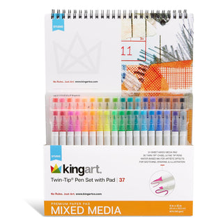 KINGART Twin-Tip Pen Set 36 Vivid Colors + 9x12 Mixed Media Pad 24 Sheets. Water-Based Ink; Broad Chisel & Fine Tips for Art, Lettering, Blending, & Detail.