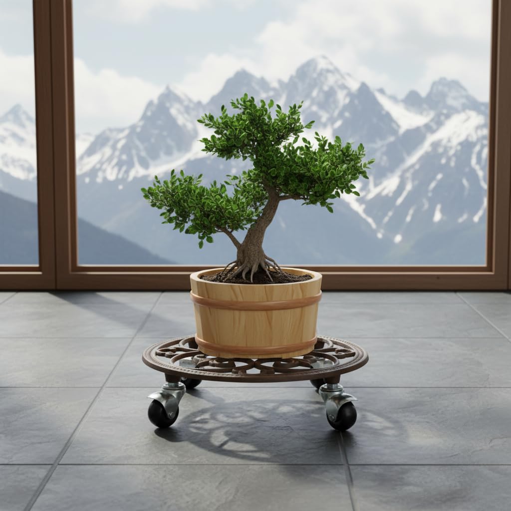 Comfy Hour 10 Inch Plant Caddy with Wheels, Cast Iron Round Trolley
