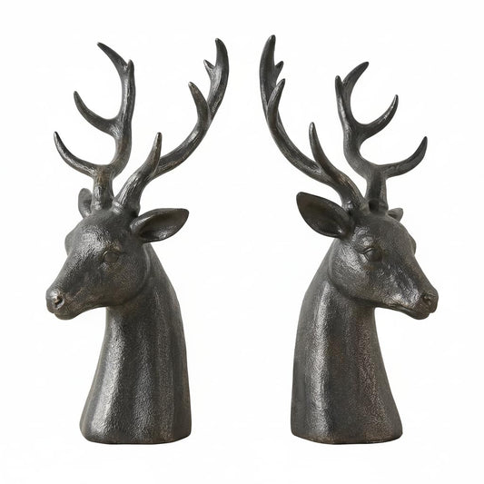 Comfy Hour Farmhouse Collection Resin Set Of 2, Deer Head Art Bookends, Solid Heavy Weight, Black