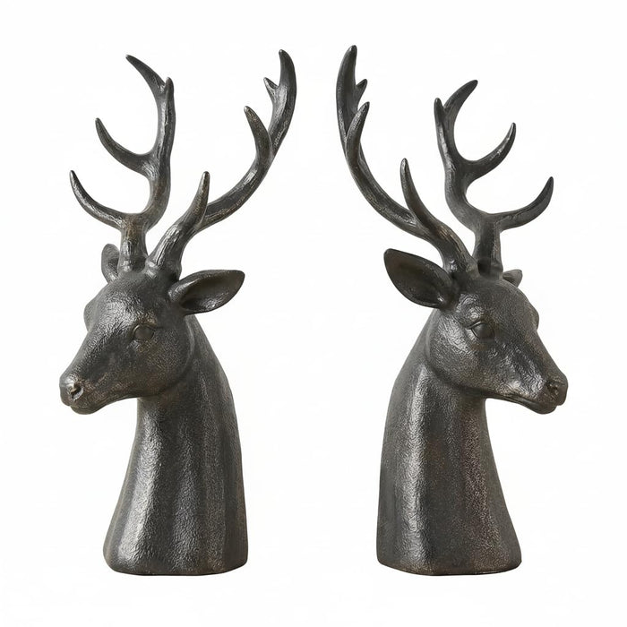 Comfy Hour Farmhouse Collection Resin Set Of 2, Deer Head Art Bookends, Solid Heavy Weight, Black