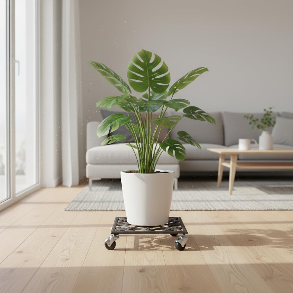 Comfy Hour Rustic Style Outdoor Collection Cast Iron Garden Plant Trolley Flowerpot Holder, with Heavy Duty Super Strong Industrial Strength Iron Wheels
