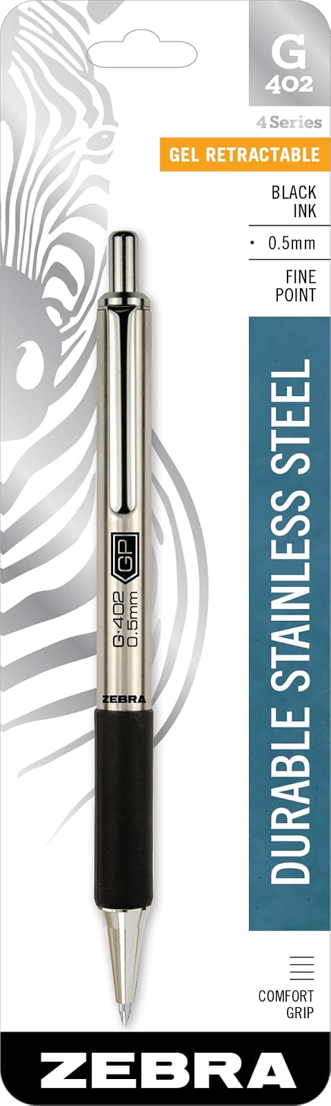 Zebra Pen G-402 Retractable Gel Pen, Stainless Steel Barrel, Fine Point, 0.5mm, Black Ink, 1-Pack