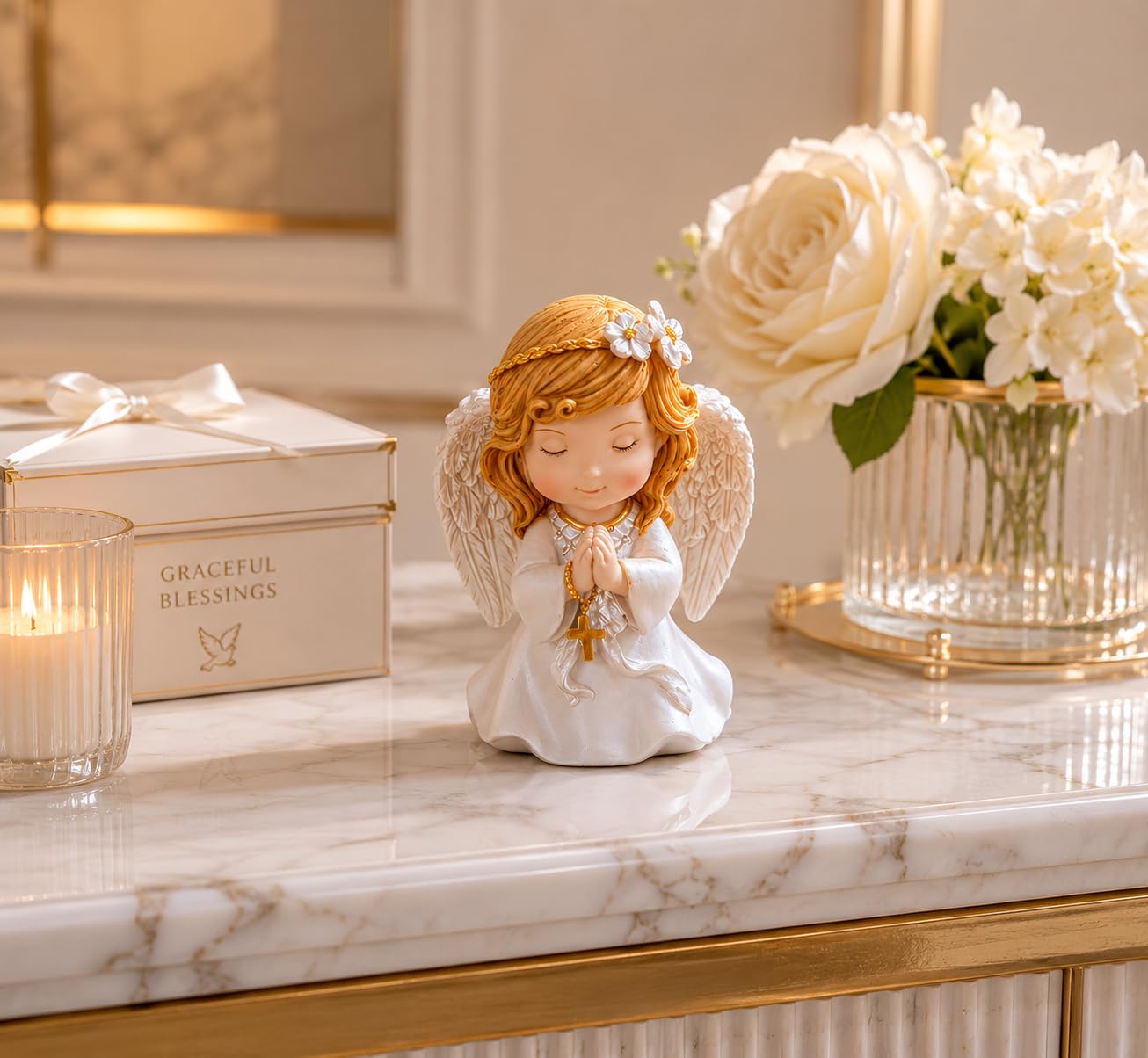 Comfy Hour 5 Inch Catholic Angel Statue, Praying Girl with Gold Cross