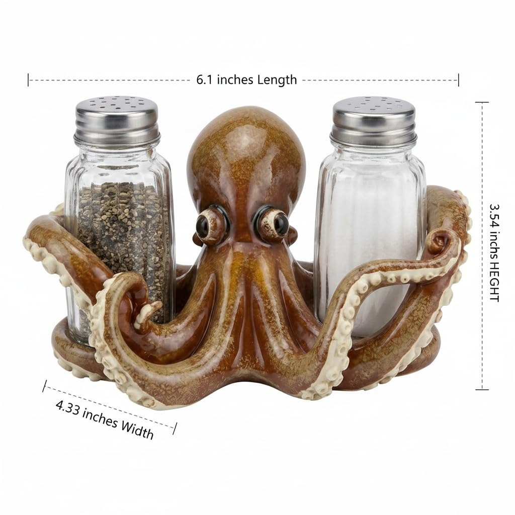 Comfy Hour 6.1 Inch Octopus Salt and Pepper Holder, Glass Shakers, Set of 2