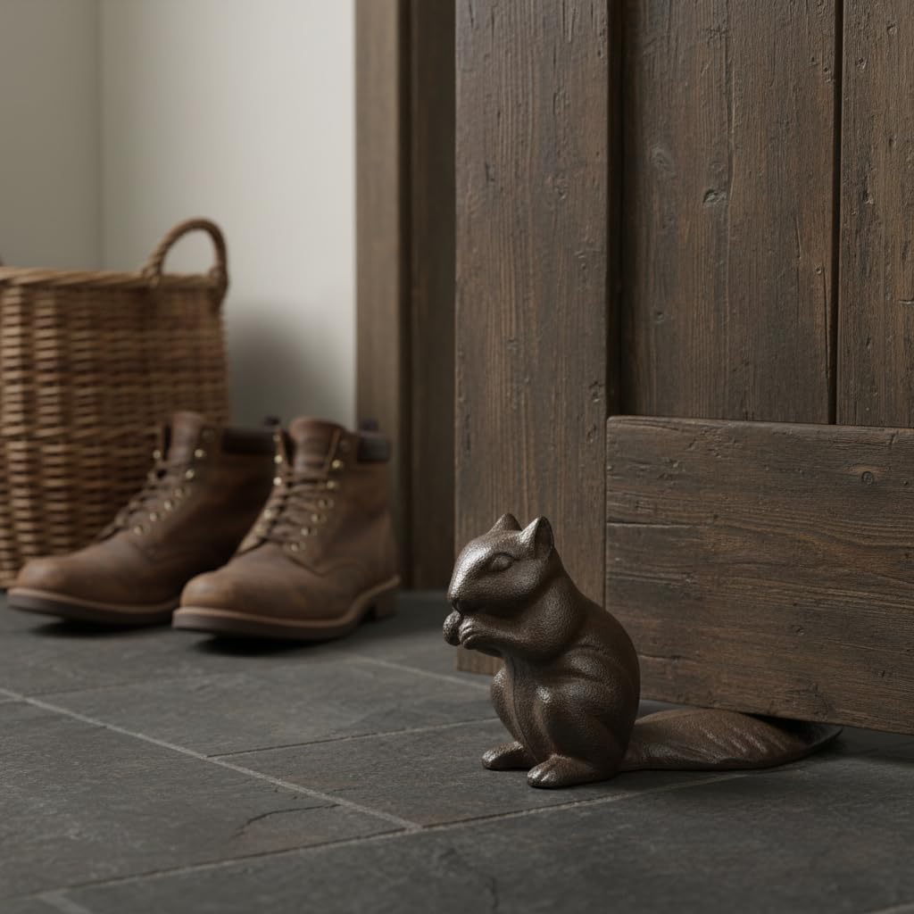 Comfy Hour Antique & Vintage Interior Decor Collection, Animal Edition Cast Iron Door Stopper - Squirrel, Antique Brown