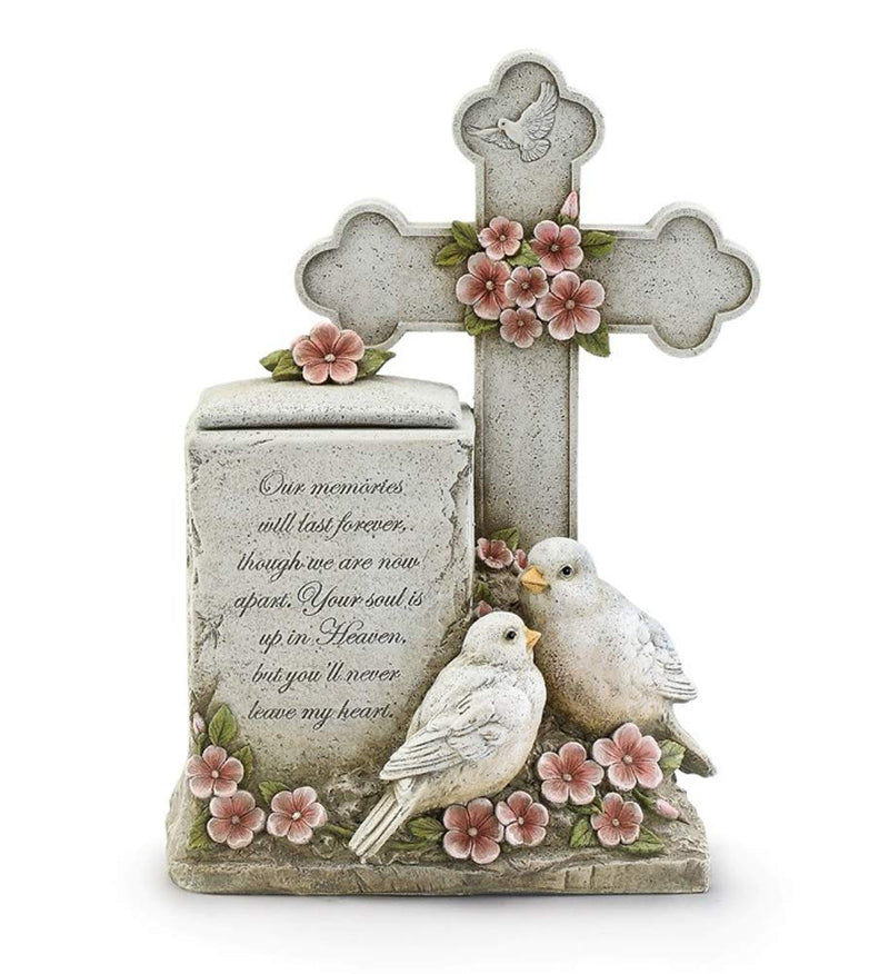 Napco Doves and Cross Memory Floral Pink and Grey 12 inch Resin Stone Decorative Box