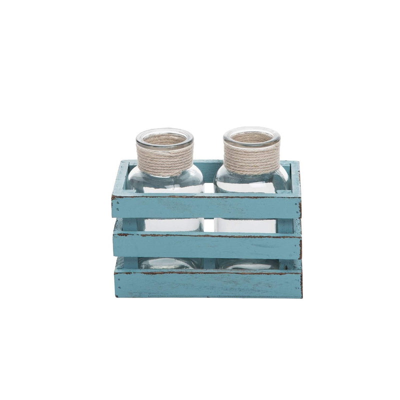 Beachcombers B22335 Small Turquoise Wood Crate with 2 Glass Bottles, 5.5-inch High