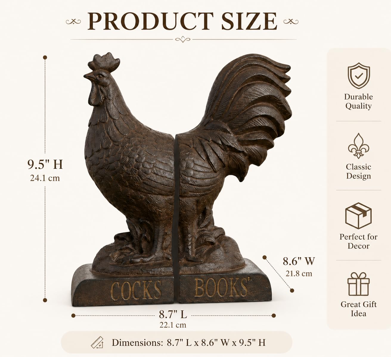 Comfy Hour Farmhouse Home Decor Collection 9" Length 6" Height Set 2 Rooster Design Bookends Art Bookend, 1 Pair, Antique Style, Heavy Weight, Rusty Effect, Polyresin