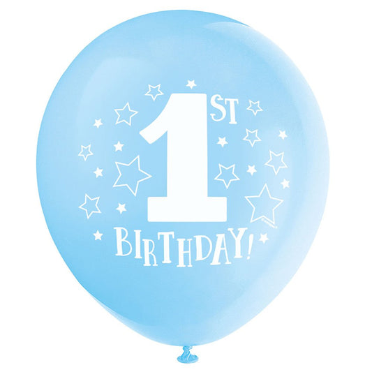 Unique Industries Blue Stars"1st Birthday" Latex Balloons, 8 Ct.