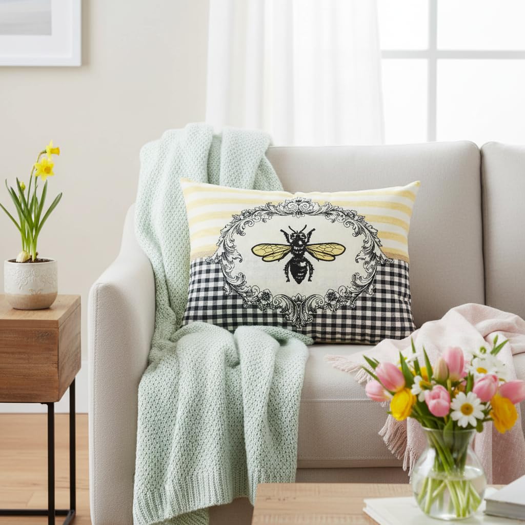Comfy Hour Spring Is Here Collection Spring Bee and Flower Accent Pillow Throw Pillow Decorative Cushion, 18"x13", Polyester
