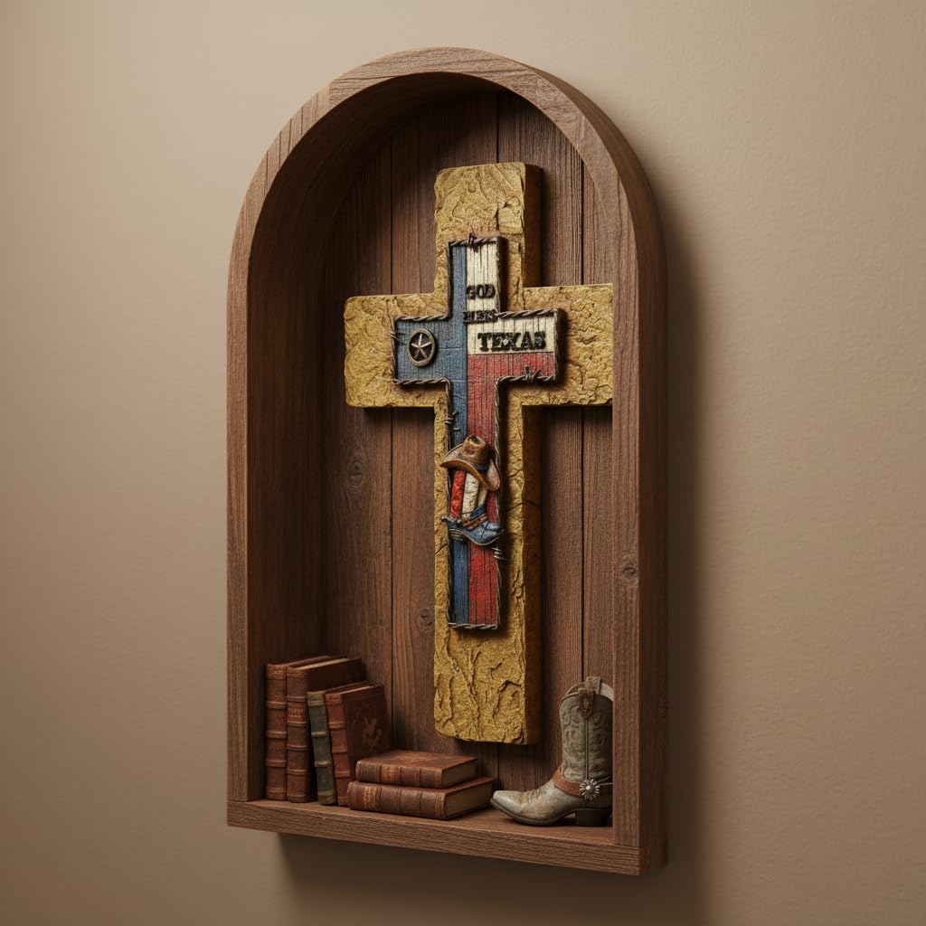 Comfy Hour 14 Inch Texas Cross Wall Decor, God Bless Texas Plaque